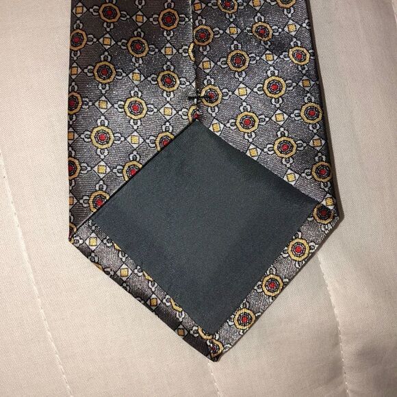 Roma Italian Silk Medallion Tie in Silver Gray Red Gold White - Picture 3 of 8